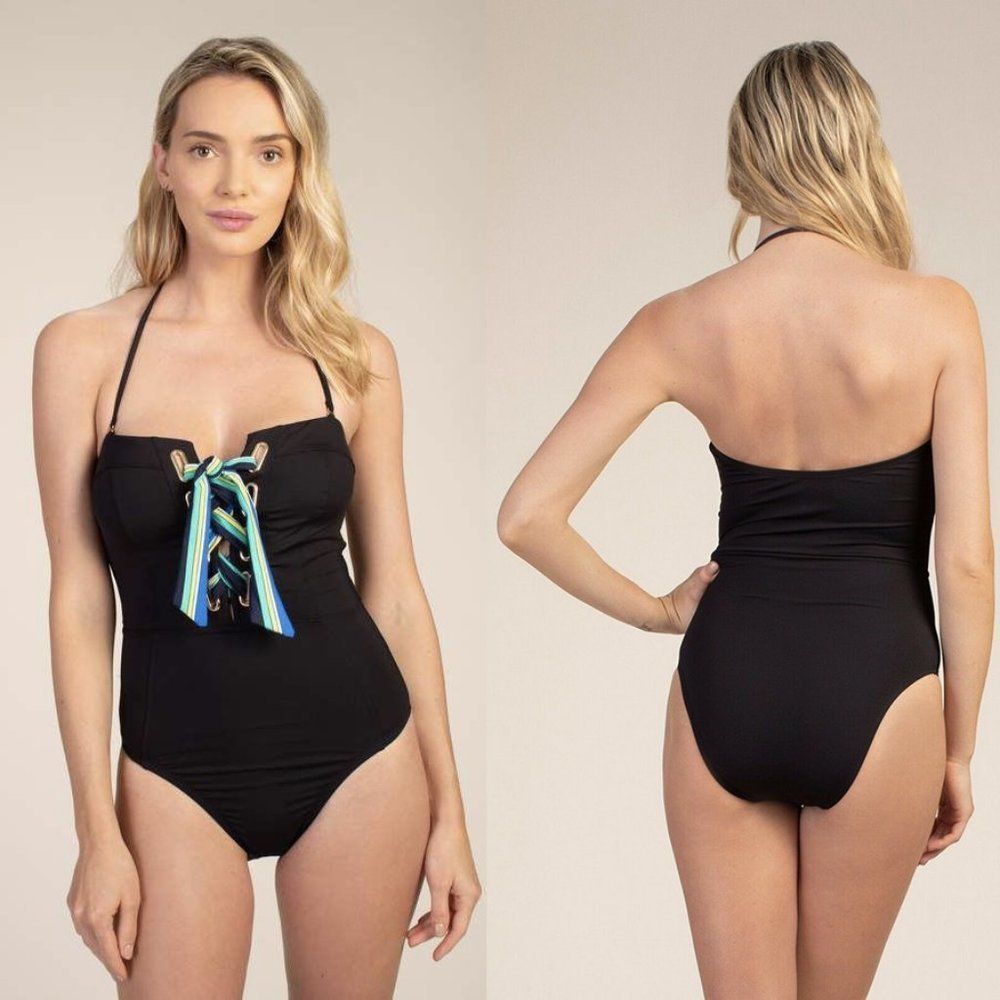 Trina Turk black green blue print Ipanema solid lace up tie front swimsuit